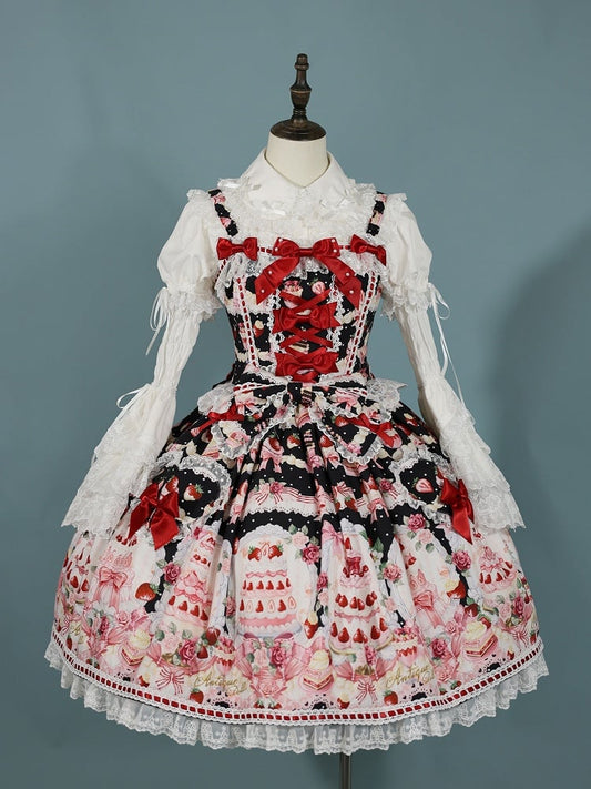 Set Black and Strawberry Desserts Full Sweet Print Lolita JSK /