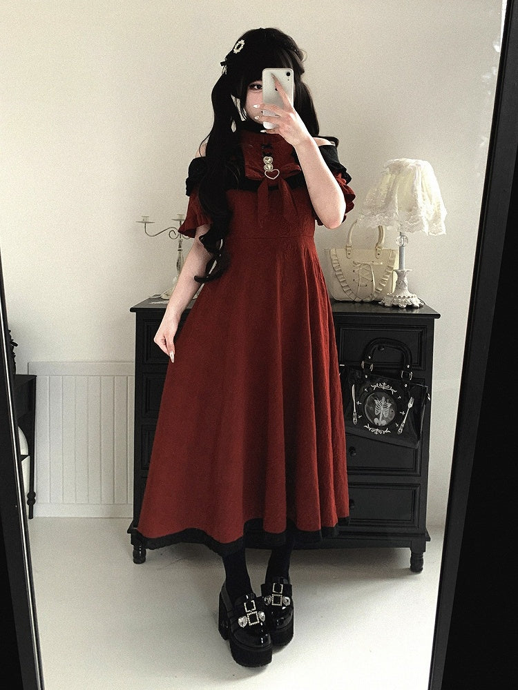 Extended Cutout Shoulder Jacquard Dress, Ruffle & Bow Trim, 4 Colors - Kitty Bxllet
