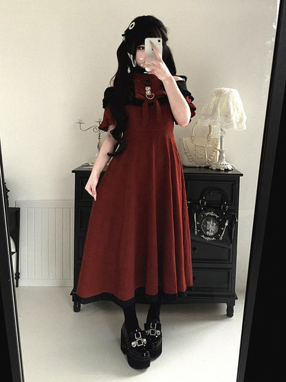 Extended Cutout Shoulder Jacquard Dress, Ruffle & Bow Trim, 4 Colors - Kitty Bxllet