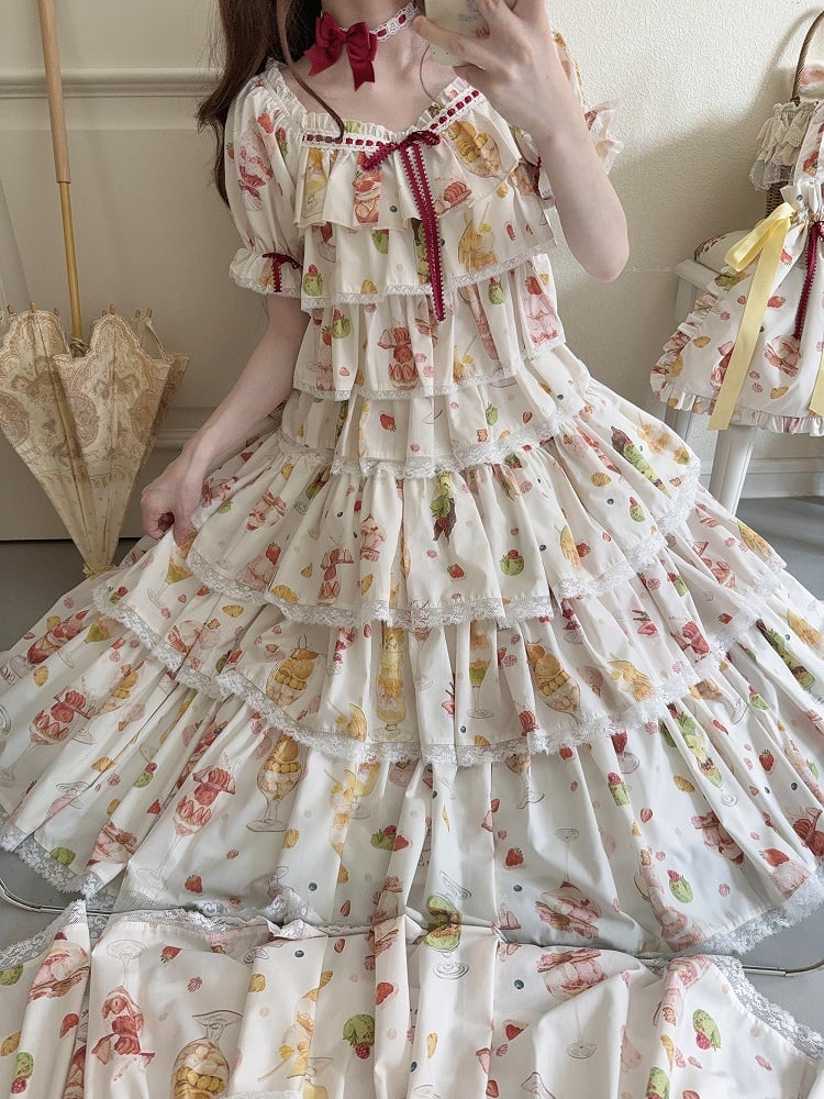 ショートパフェフルーツトップスリーブサマープリントクリーム