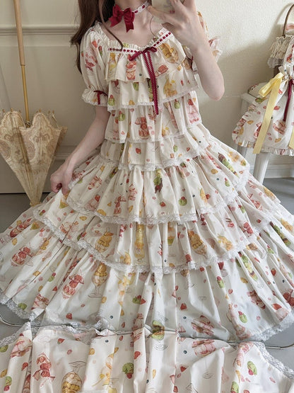 ショートパフェフルーツトップスリーブサマープリントクリーム