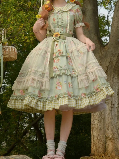 Dress Sleeves Bunny Overlay Puff with and Lolita Print Sunflower Green Hem Sweet Plaid
