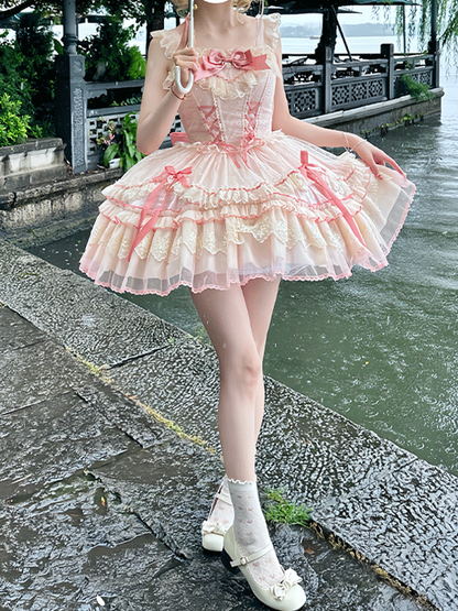 Süßes Lolita-Kleid mit Schleife, flatterndes rosa Mieder mit Schnürung, hoch taillierte Ärmel mit großem, abnehmbarem Pulloverrock