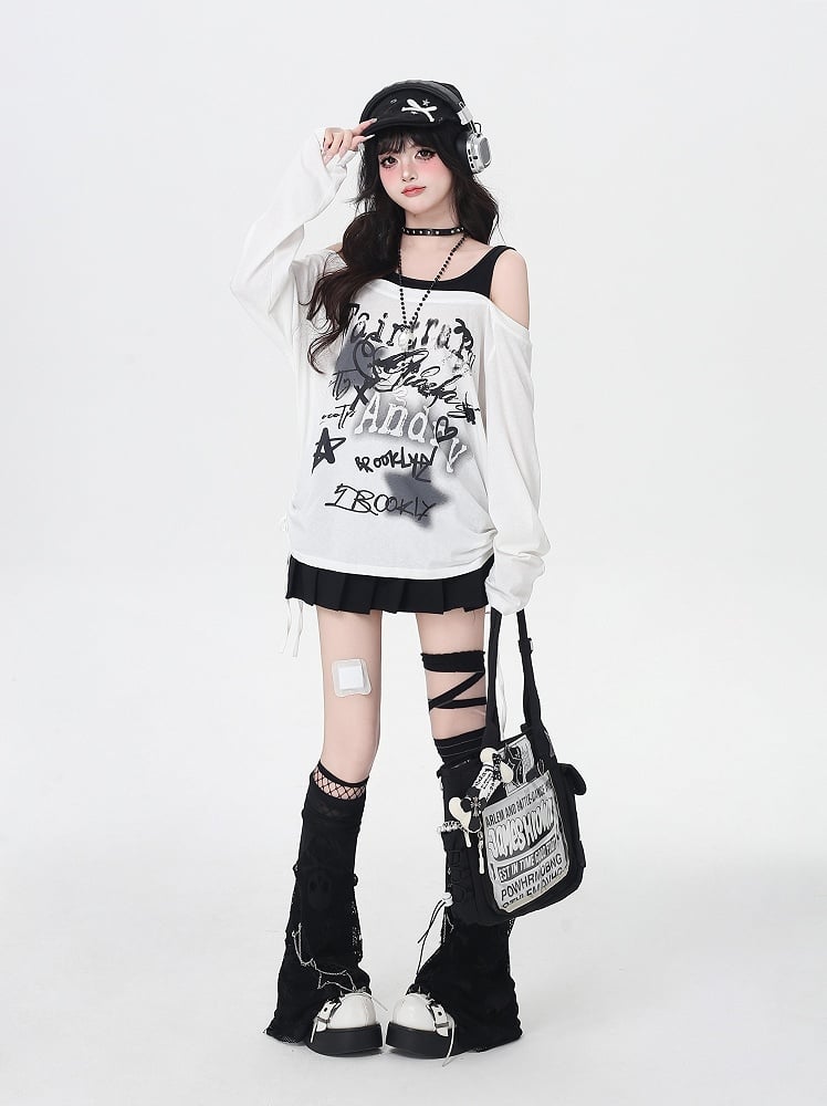 Star Y2K Print Open Shoulder Black/White Top Faux Two-pieces