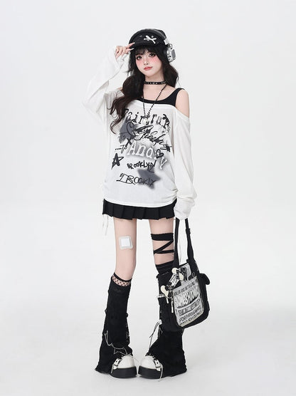 Star Y2K Print Offene Schulter Schwarz/Weiß Top Faux Zweiteiler