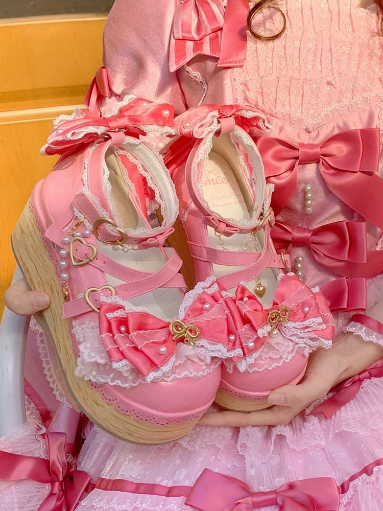 Dark Pink Removable Organza Bow Accents Hanayome Lolita Platform Shoes