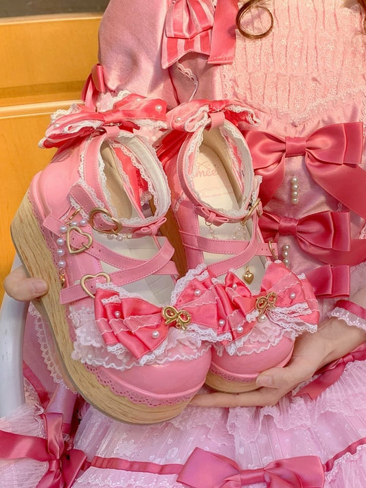 Dark Pink Removable Organza Bow Accents Hanayome Lolita Platform Shoes