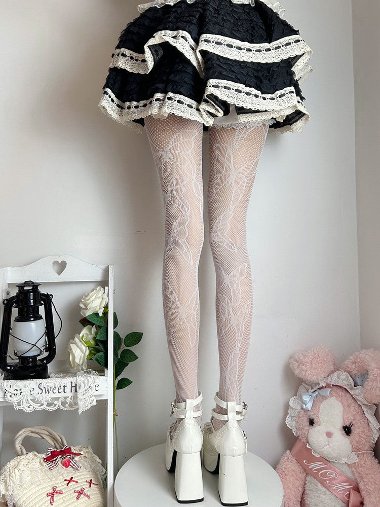 Lolita White Pattern Tights Fishnet Butterfly