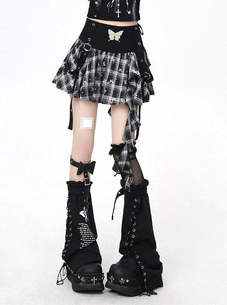 Cascading Ruffles Plaid Butterfly Bittersweet Skirt Metal with BlackWhite