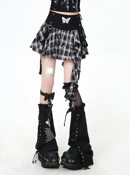 Cascading Ruffles Plaid Butterfly Bittersweet Skirt Metal with BlackWhite