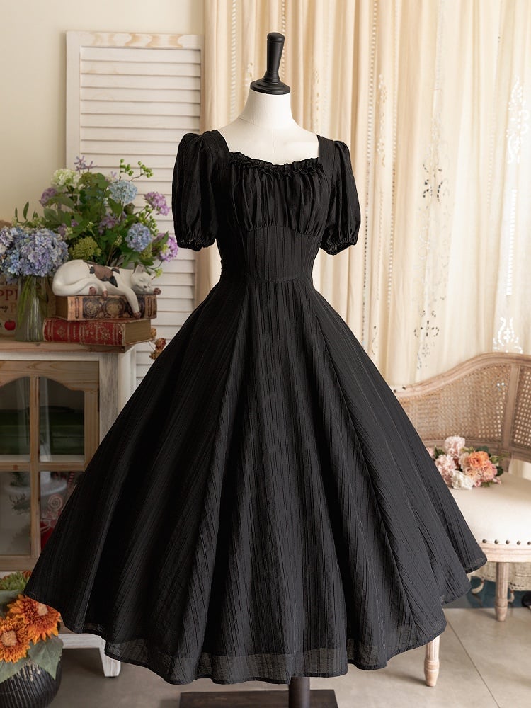 Dress Waist Classic Slim Elegant Black Lolita Summer
