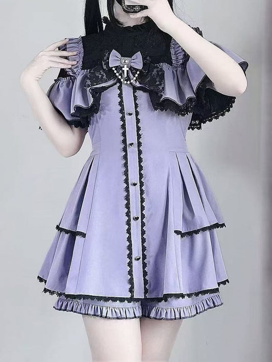Violet Jirai Kei Short Sleeve Coord - Cross-Strap Illusion Neckline Dress & Matching Shorts