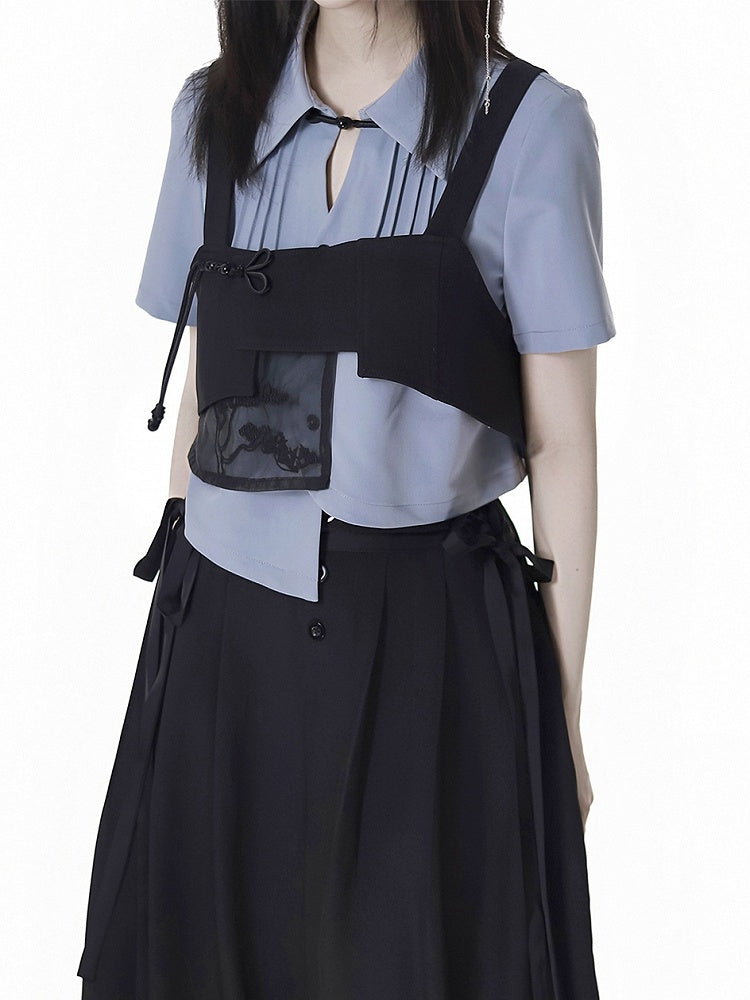 Knopf Cheongsam Stil Top Stickerei Schwarz Kiefer Baum Knoten