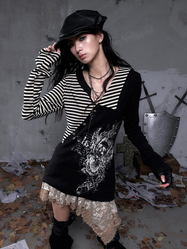 Top Vintage + Gothic Y2K Striped Collar with Black Punk Heart Knit Sleeve Motif