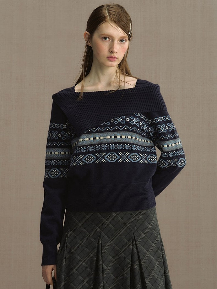 Gray/Blue Asymmetric Off-Shoulder Knit Sweater with Jacquard Details