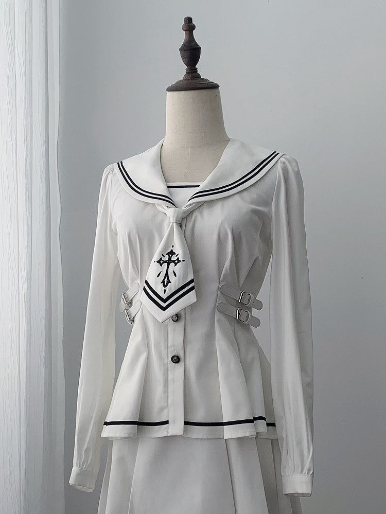 White Long-Sleeve Sailor Collar Top with Neck Tie - Ekomi