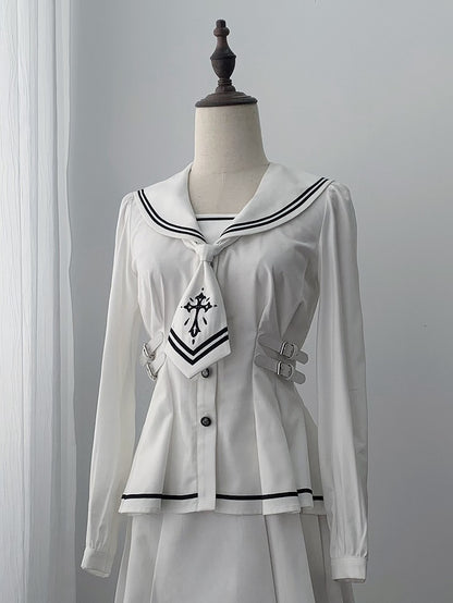 White Long-Sleeve Sailor Collar Top with Neck Tie - Ekomi