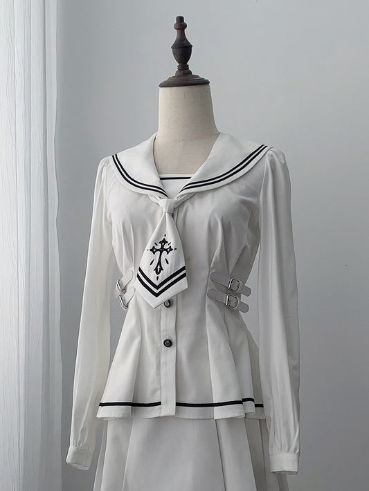 White Long-Sleeve Sailor Collar Top with Neck Tie - Ekomi