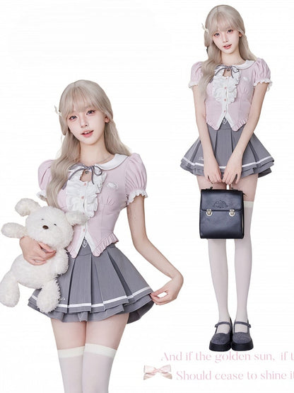 Pink Peter Pan Collar Puff Sleeve Blouse with Ruffle Trim and Bow Tie