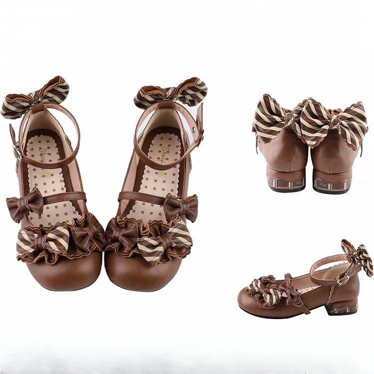Heart Details Bowknot Brown Light Lolita Pattern Striped Buckle Shoes