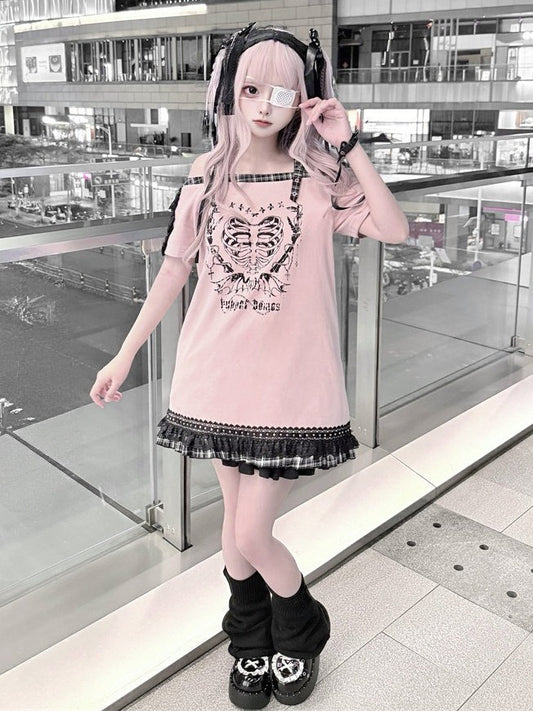 Skeleton Heart Print Pink and Black Jirai-Kei Off Shoulder Cami Long Tee with Lace Details - Puppet Bombs
