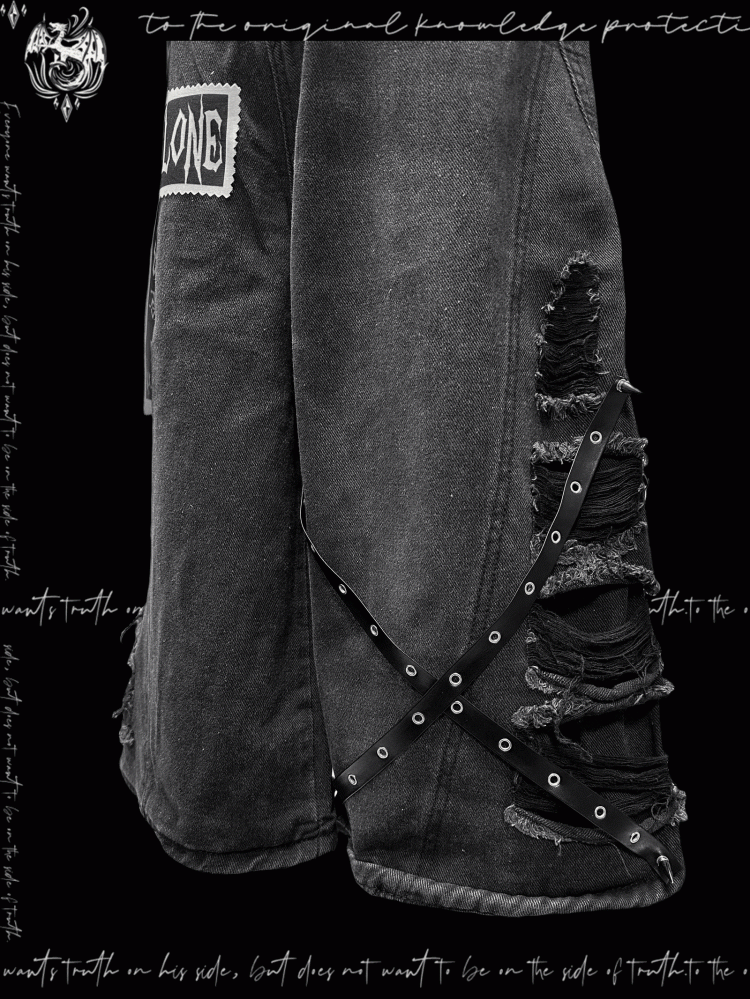 Y2K Cut Jeans Wide-leg Rock Punk Dark Gray Cross Applique Distressed Holes