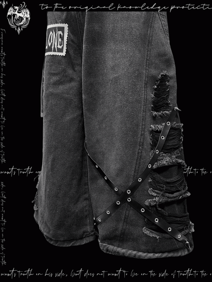 Y2K Cut Jeans Wide-leg Rock Punk Dark Gray Cross Applique Distressed Holes