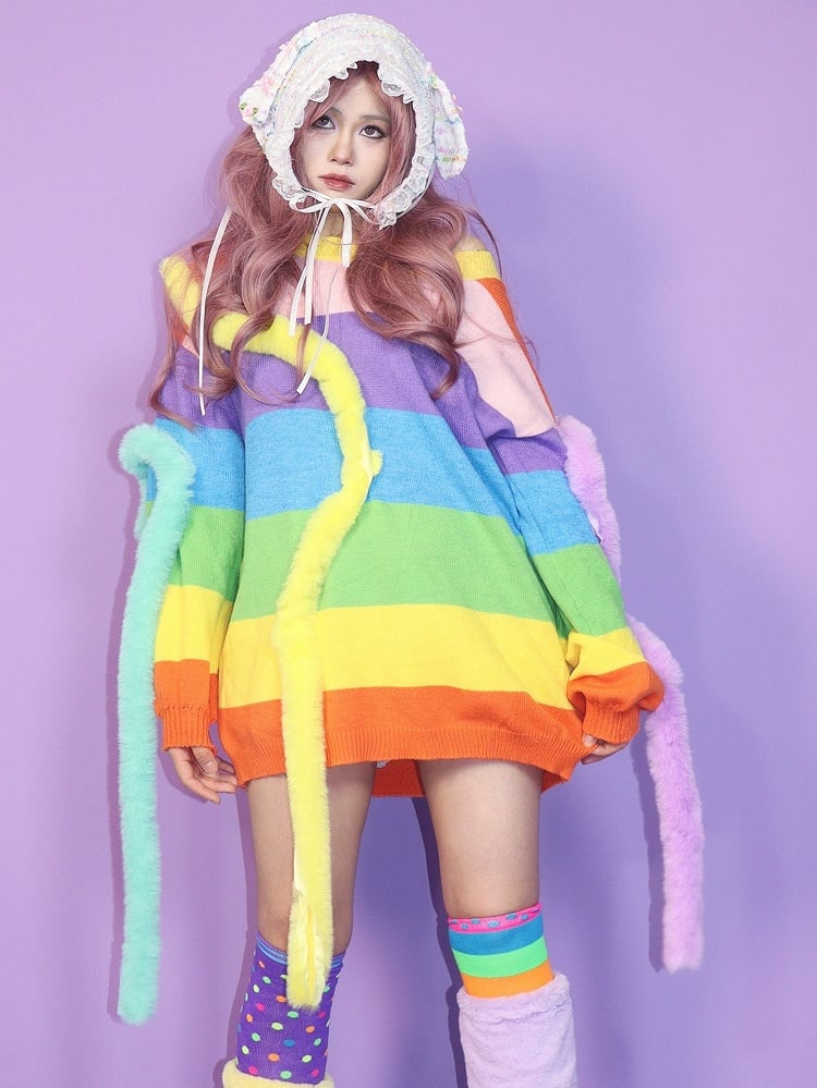 Knitted Y2K Sweater Rainbow Pattern Colorful Striped