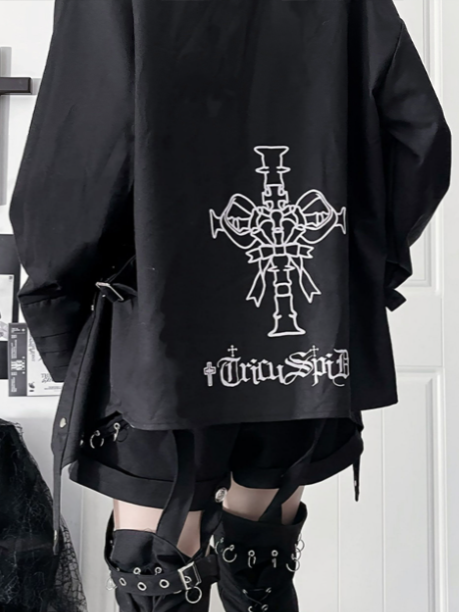 with Black Hem Back Long-Sleeve Punk Shirt Cross Print Asymmetrical