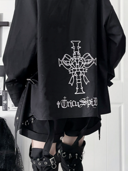 with Black Hem Back Long-Sleeve Punk Shirt Cross Print Asymmetrical