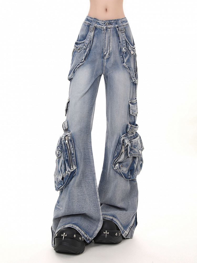 Zip Cuffs and Faded Low Waist Jeans Black/Blue with Punk Flare Cargo Wash