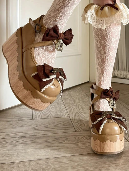 Light PU Round Clock Charm Brown - Shoes Toe Accents Platform Bow
