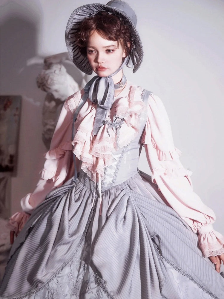 Sleeves Front Long Pink with Blouse Lace-Up Ruffled