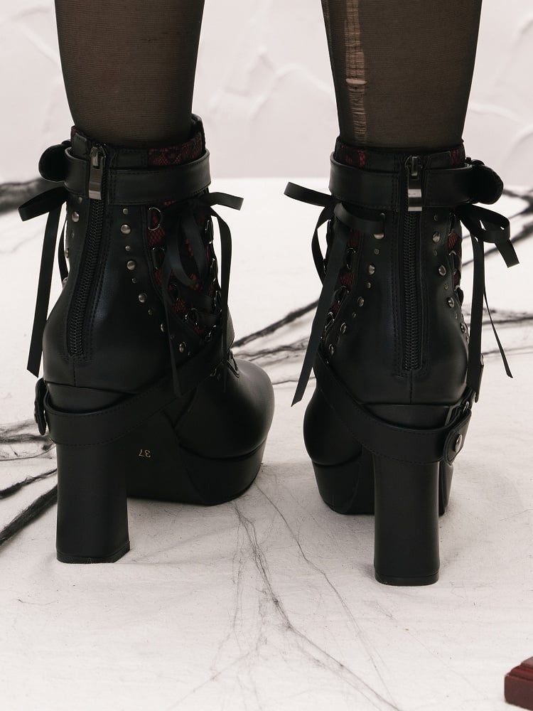 Gothic Lacing Crisscross Studded System PU Dual Black Fastening Boots Details - with High-heel Ankle