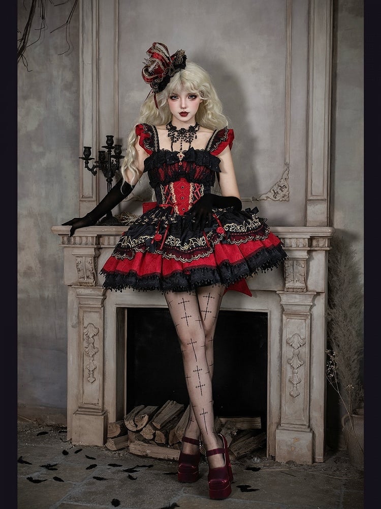Gothic Lolita JSK Dress with Bat Pattern and Floral Embroidery in Black and Red - Dream Magic Box
