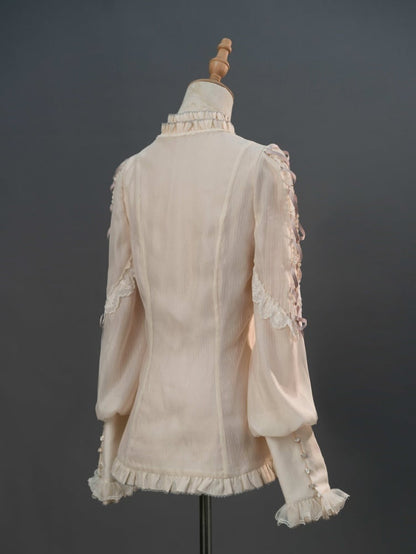 ベージュとパープルのフリルクロスオーバーネックライン長袖シャツ