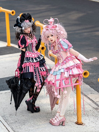 Jumper Embroidery Bunny Black Pink Lolita with Dress Skirt Sleeves Puff and Sweet Circus Detachable