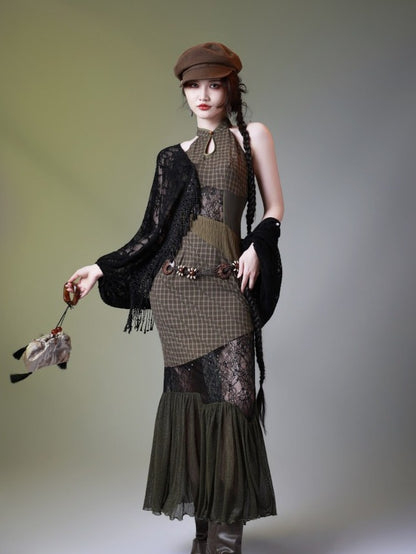 Modern Patchwork Qipao Long Dress with Plaid and Lace - sijinstudio