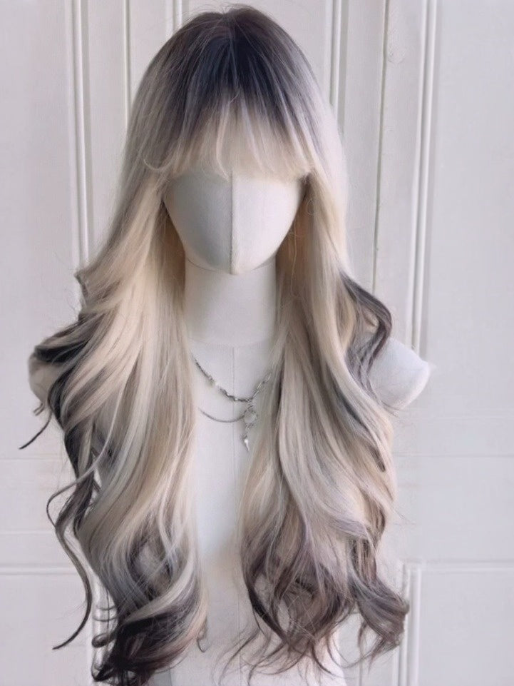 Gold & Black Ombre 65cm Wavy Curly Wig Air Bangs