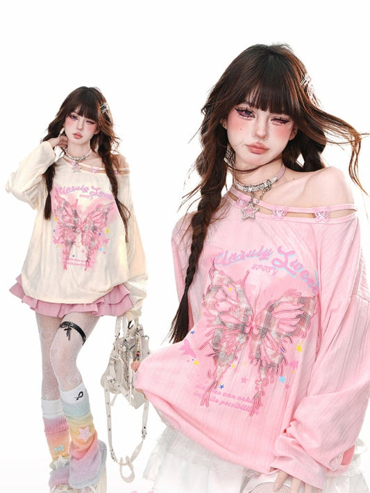 Pink/Apricot Asymmetrical Neckline Butterfly Loose Graphic Top