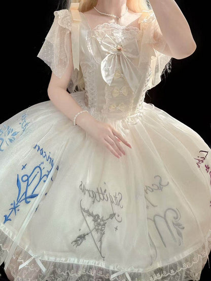 Dress Champagne Embroidered Zodiac with Butterfly Sleeves Tulle Lolita