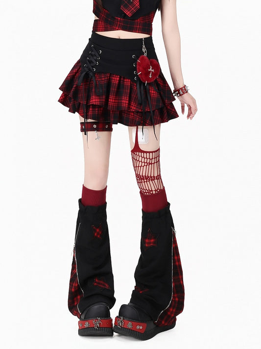 Red & Black Plaid Skirt with Lace-Up Detail - CRAZY GIRL