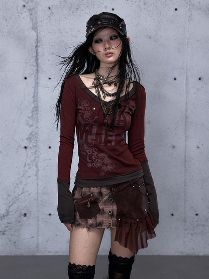 Top Patchwork Design Long Red Rock Sleeve Punk Wine Print with Letter