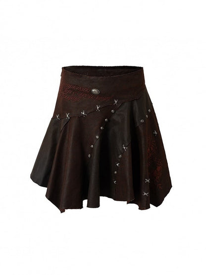 Asymmetrischer Rock Punk Rot mit Stickerei Ödland Saum Braun Blumen Wildleder