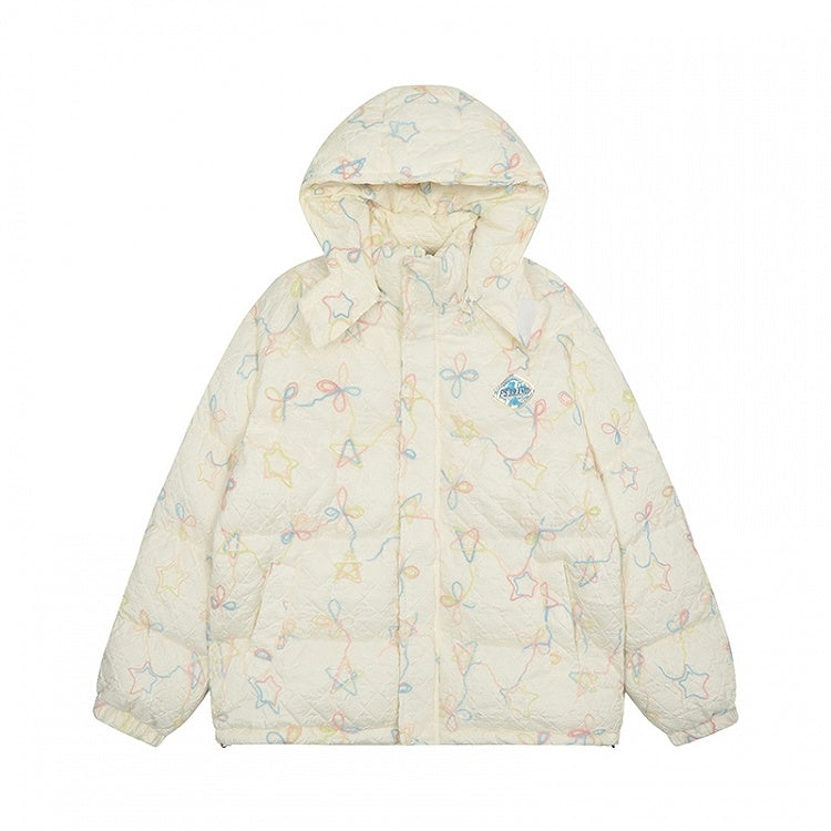 Milchweiß/Rosa dicke Kapuzenjacke mit Sternen und Schleifen