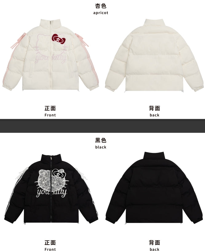 Black/White Kitty Lace Applique Puffer Jacket Bowknot Details