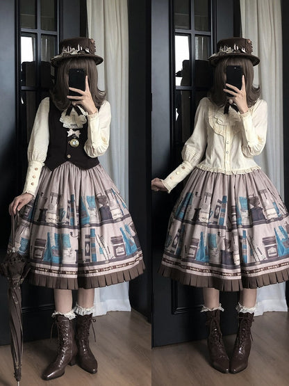 Gray Brown Coffee Cup Bookshelf Print Elegant Skirt Ruffled Hem - Dream Whale
