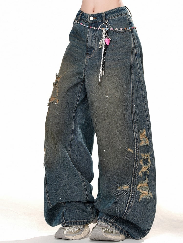 Löcher Distressed Blau Weites Bein Jeans Cut Denim
