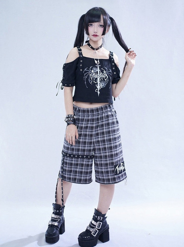 Black Plaid Pants with Detachable Legs & Chain Accents - Tribuo Flos