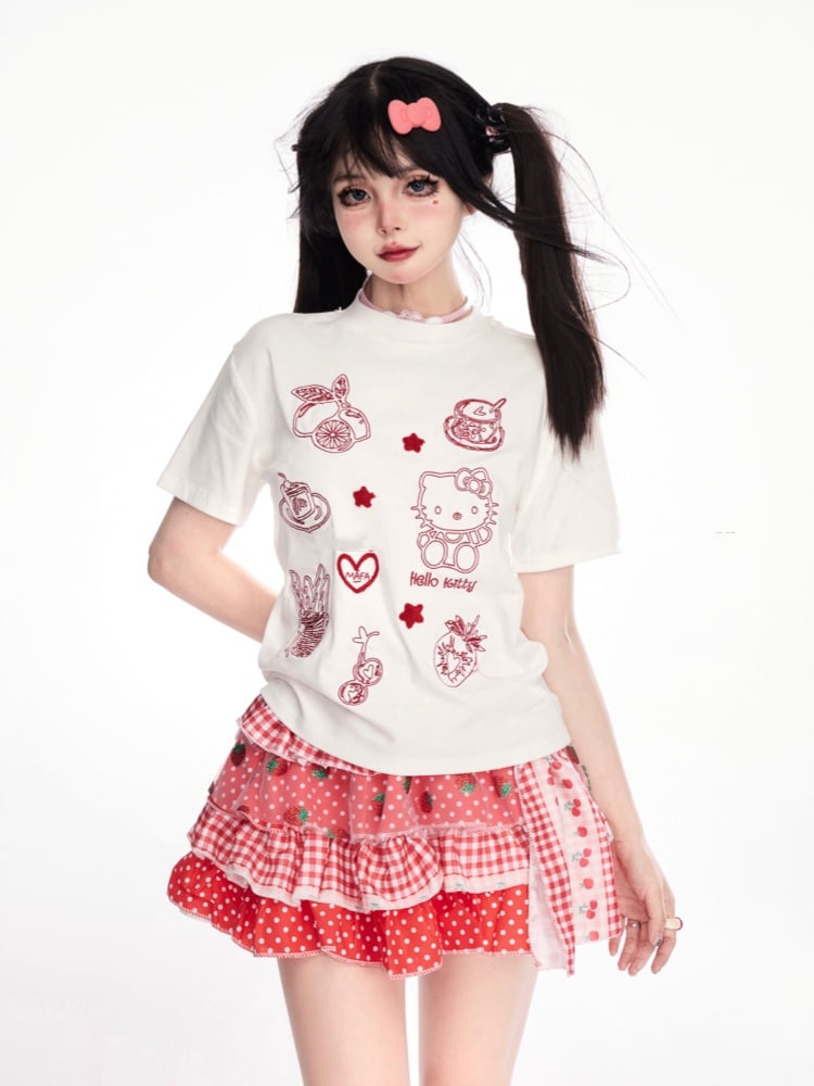 スカート スイート ポルカドット ティアード ストロベリーレッド チェック柄